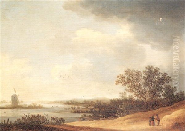 A Dune Landscape With Figures Conversing By A River, A Windmill Beyond by Anthony Jansz van der Croos