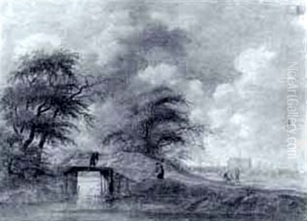 Extensive Landscape With Figures Crossing A Small           Bridge, A Town In The Distance - view 1