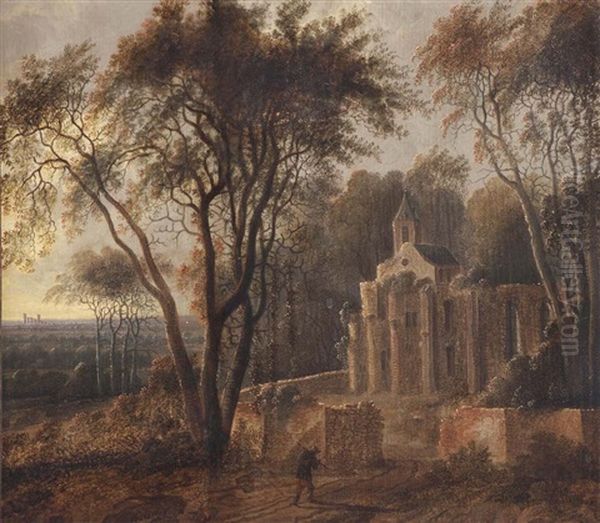 A Wooded Landscape With A Traveller Near A Ruin Of An Abby - view 1