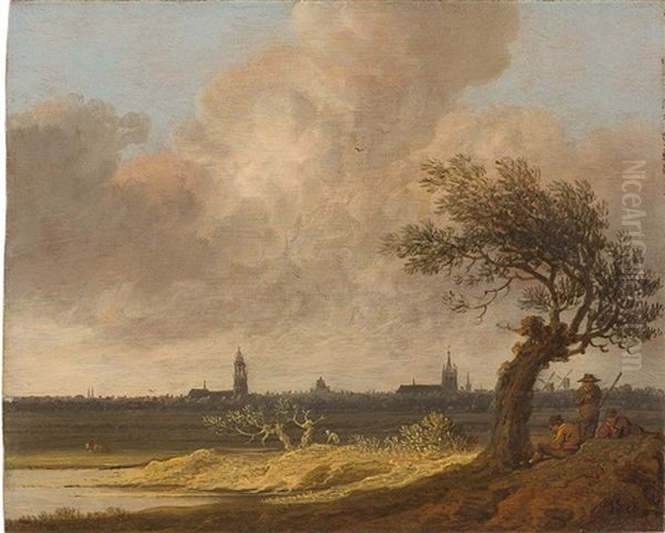 Weite Landschaft Mit Rastenden Unter Einem Baum, Im Hintergrund Die Stadt Delft - view 1