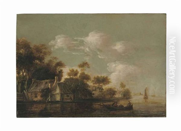 Boats On A River Before A Wooded Village by Jacob Van Der Croos