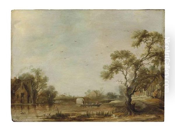 A River Landscape With A Village, Figures Crossing In A Ferry By A Bridge, A Church Beyond - view 1