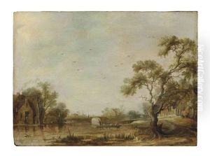 A River Landscape With A Village, Figures Crossing In A Ferry By A Bridge, A Church Beyond by Jacob Van Der Croos