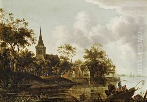 Flusslandschaft Mit Fischern Vor Einem Dorf by Jacob Van Der Croos