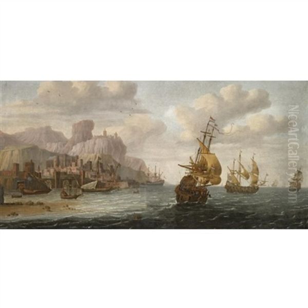 Dutch And English Shipping Off A Mediterranean Port - view 1