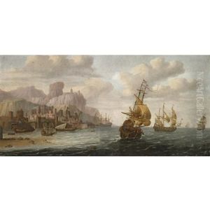 Dutch And English Shipping Off A Mediterranean Port by Jacob Van Der Croos