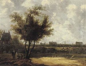 A Wooded Landscape With Figures In The Foreground And The City Of Leiden In The Distance by Jacob Van Der Croos