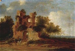 Travellers On Horseback By A Ruinous Gate, A Town In The Distance by Jacob Van Der Croos