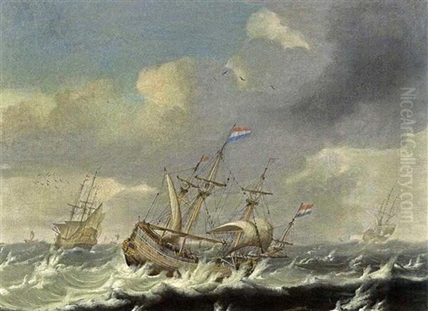 A Small Cargoship And Men-o-war In Stormy Waters - view 1