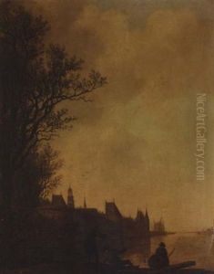 A River Landscape With Fishermen Before The Walls Of A Town (view Of Rhenen With The Church Of Saint Cunera?) by Jacob Van Der Croos