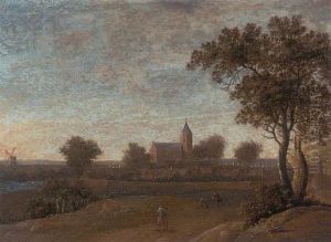 An Extensive Landscape, Travellers On A Path, A Walled Town Beyond