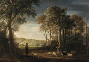 A Wooded Landscape With Shepherds And Their Flocks In A Clearing by Jacob Van Der Croos