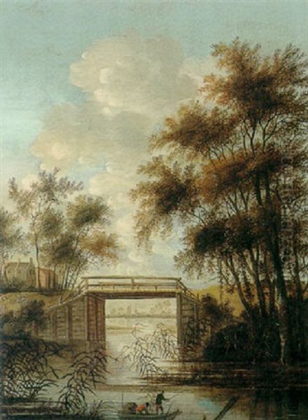 A Wooden Bridge Over An Inlet With Two Fishermen In A Boat, A Town In The Distance - view 1