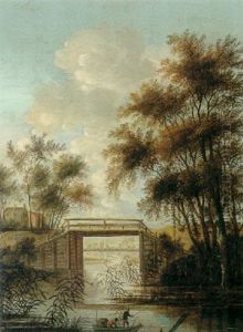 A Wooden Bridge Over An Inlet With Two Fishermen In A Boat, A Town In The Distance