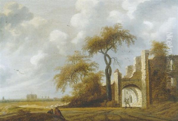 Travellers On A Road Near The Ruins Of The Brederode Castle, Haarlem Beyond - view 1