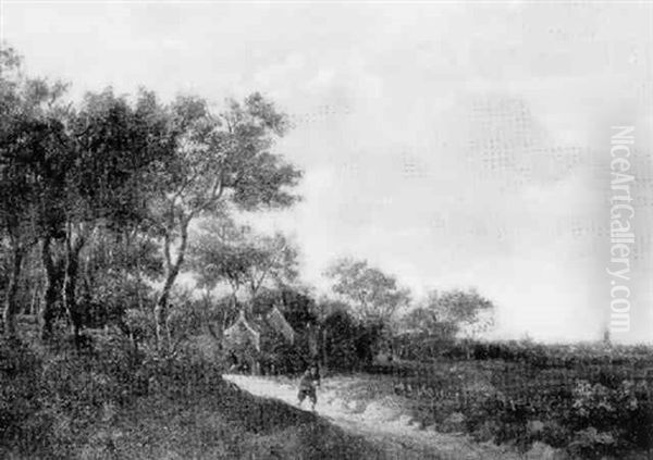 A Villager On A Country Path At The Edge Of A Wood With A Meadow And Church Beyond - view 1