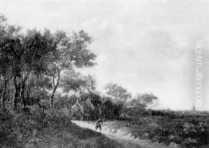 A Villager On A Country Path At The Edge Of A Wood With A Meadow And Church Beyond A Villager On A Country Path At The Edge Of A Wood With A Meadow And Church Beyond