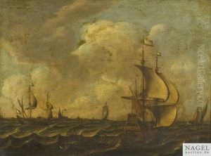 Segelschiffe Vor Der Silhouette Von Amsterdam by Pieter Van Der Croos
