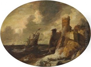 Kustenlandschaft Mit Segelschiff Im Sturm by Pieter Van Der Croos