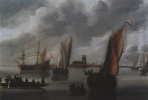 Hafenlandschaft Mit Segelschiffen Im Hintergrund Eine Kathedrale by Pieter Van Der Croos