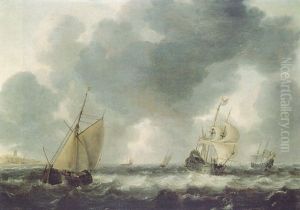 Dutch Men O'war And Pinks In Choppy Waters Off A Coastline by Pieter Van Der Croos
