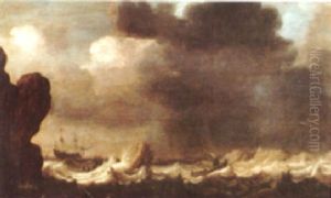 A Coastal Scene With A Frigate Offshore