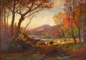 Autumn Landscape With Lake, Mountains And Cattle by Jasper Francis Cropsey