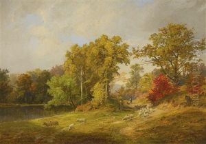 Autumn Landscape With Shepherd, Dog And Sheep