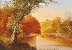 Autumn Lake Scene With Figure In A Row Boat by Jasper Francis Cropsey