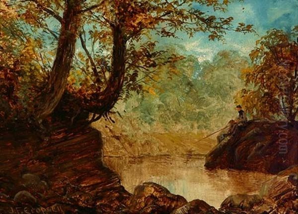 Figure Fishing In Wooded River Landscape - view 1