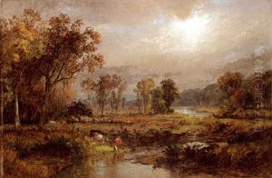 Cattle Watering In An Autumn Landscape by Jasper Francis Cropsey