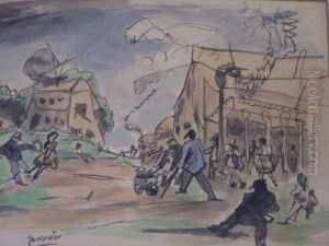 Figures In A Village Street by Jules Alphonse Anthone