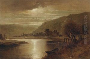 Figures Resting In A Tranquil River Landscape by William Crosby