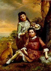 Portrait Of Two Girls, Seated In An Extensive Landscape, A Greyhound At Their Feet