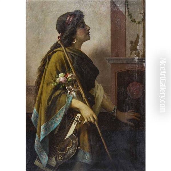 Antikisierende Frauenfigur Mit Lyra Und Blumenbouquet - view 1
