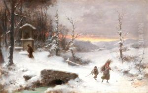 Winterlandschaft Mit Reisigsammlern - Im Hintergrund Ein Kapuziner-monch Vor Einer Wegkapelle Winterlandschaft Mit Reisigsammlern - Im Hintergrund Ein Kapuziner-monch Vor Einer Wegkapelle