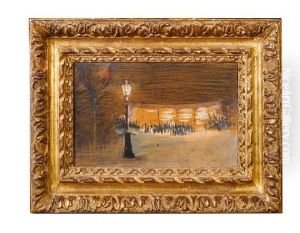 Le Bec De Gaz Night Street Scene With A Gas Lamp In Left Foreground, Figures And Windows Lit In Background by Henri-Edmond Cross