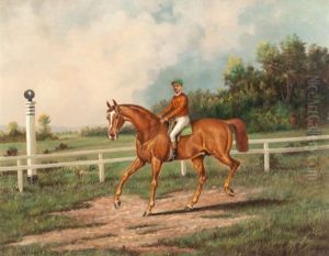 Chestnut Racehorse With Jockey Up On A Training Track With A Wooded Landscape Beyond by Henry H. Cross