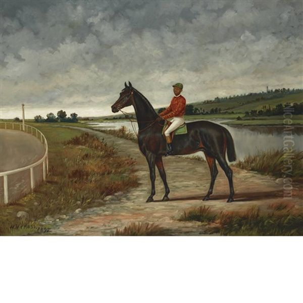 Dark Racehorse With A Jockey Up By A Racetrack In A River Landscape - view 1