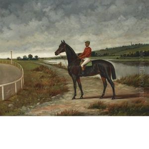 Dark Racehorse With A Jockey Up By A Racetrack In A River Landscape by Henry H. Cross