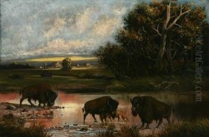 Buffalo In River Landscape by Henry H. Cross