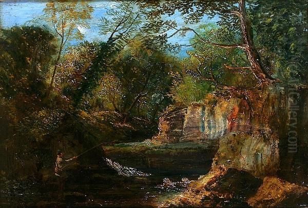 Fisherman At A Woodland River - view 1