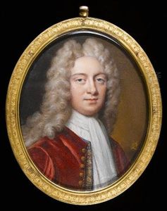 A Gentleman Wearing Crimson Coat With Gold Buttons Over Blue Waistcoat, White Jabot And Long Powdered Wig