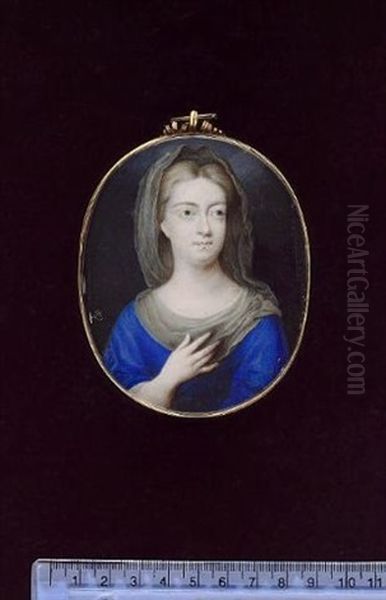 Annabella, Lady Howard (nee Dives), Wearing Blue Dress And Grey Veil Draped Over Her Decollage, Her Right Hand Raised To Her Chest - view 1