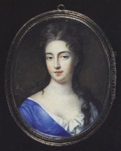 A Lady Wearing Blue Robes Over Frilled White Underdress, Her Hair Falling Over Her Left Shoulder
