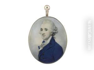 A Gentleman, Wearing Blue Coat, White Waistcoat, Chemise, Stock And Lace Cravat, His Hair Powdered, Worn En Queue And Tied With Grey Ribbon