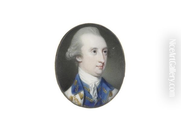 A Gentleman, Wearing White Coat With Blue Collar And Matching Blue Waistcoat, White Chemise, Stock And Lace Cravat, His Powdered Wig Worn En Queue - view 1