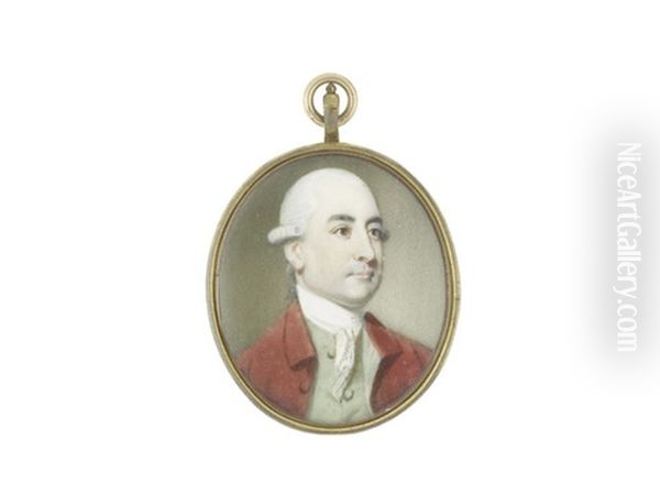 A Gentleman Identified As, Sir George Sayer, Wearing Crimson Coat, Mint Green Waistcoat, White Stock And Lace Cravat, His Powdered Wig Worn En Queue And Tied With Black Ribbon - view 1