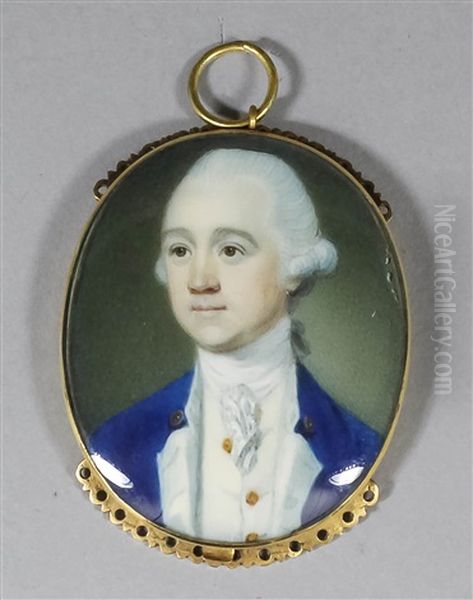 Miniature Shoulder Length Portrait Of A Young Man In A Blue Coat With White Trim And Waistcoat by Richard Crosse