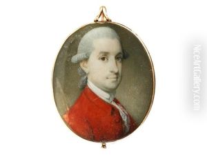 A Portrait Miniature Of A Gentleman, Wearing Scarlet Coat, White Frilled Chemise And Stock, His Powdered Wig Worn En Queue And Tied With Grey Ribbon by Richard Crosse